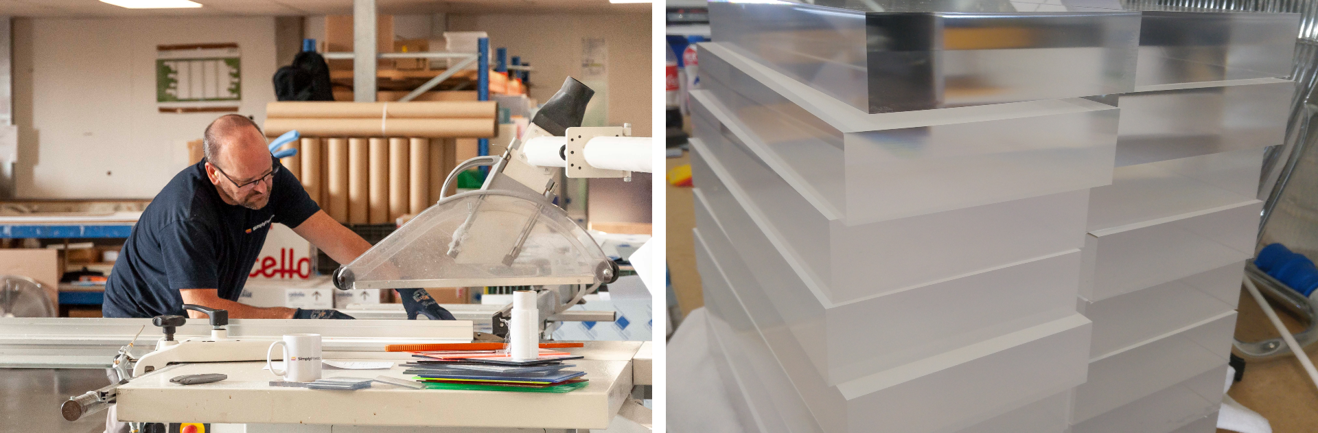 Table saw cutting Perspex, and Polished Perspex Block